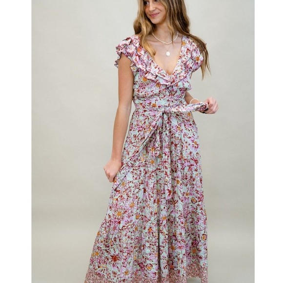 NWT Poupette St. Barth Della Long Dress Green Jardin Floral Ruffle Size Medium - Picture 1 of 8